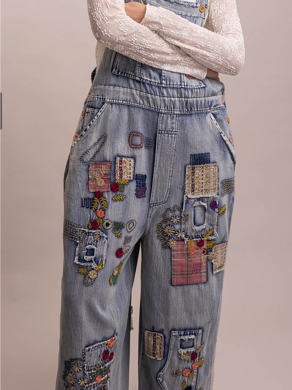 Wash Denim Patchwork Women's Wide-Leg Jeans Overalls - Picture 13 of 13
